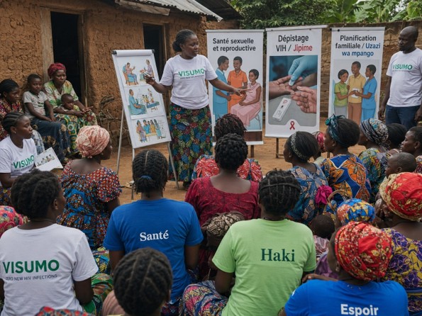 Sensibilisation communautaire à la santé sexuelle et reproductive Cette image illustre une séance de sensibilisation communautaire organisée par VISUMO autour de la santé sexuelle et reproductive, du dépistage du VIH et de la planification familiale. À travers des supports éducatifs et des échanges
