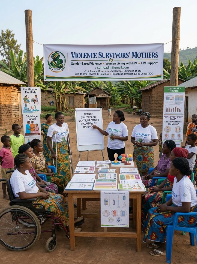 Campagne de proximité (outreach) en milieu rural : atelier interactif sur la santé sexuelle et reproductive (DSSR), la planification familiale, la prévention du VIH et les droits des personnes handicapées. Facilitatrices et participantes débattent autour de supports pédagogiques et de modèles anatom