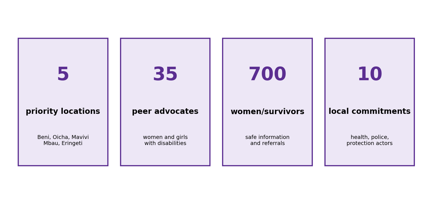 Four tiles: 5 priority locations, 35 peer advocates, 700 women and survivors, 10 local commitments