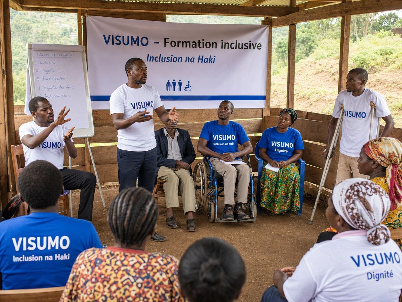 Facilitator leading a training with participants who use wheelchairs