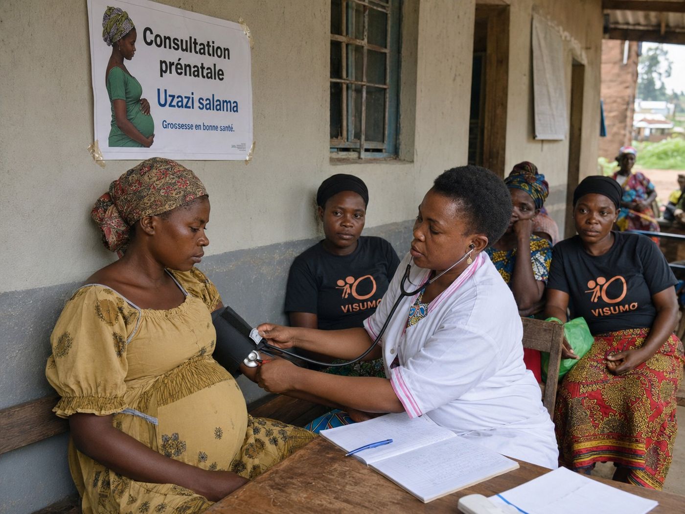 Mother holding her baby beside a poster on prenatal consultations in French and Kiswahili